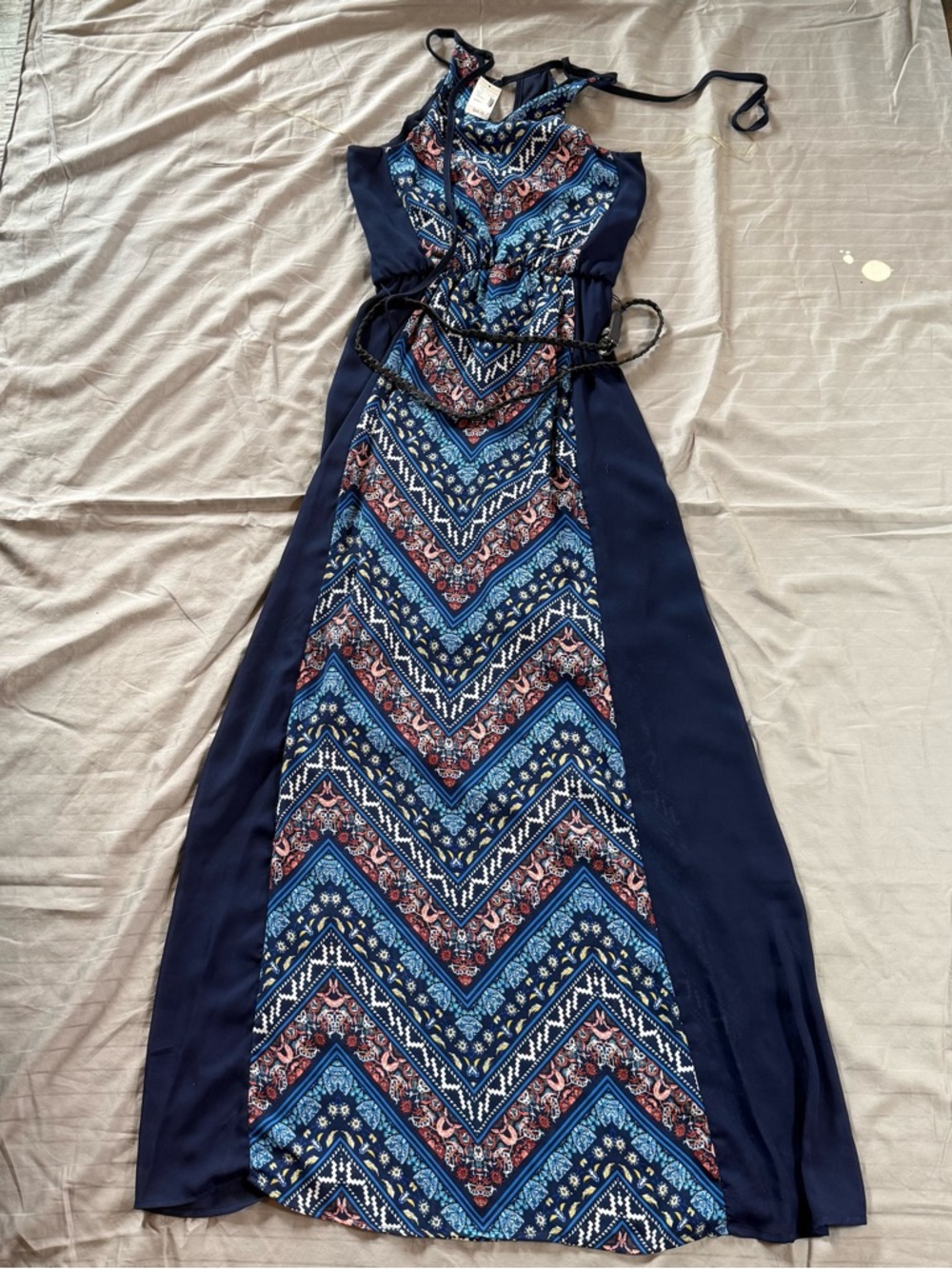 Maurices Long Maxi Dress Small Navy Colorful Boho Tank Top Halter Summer NEW